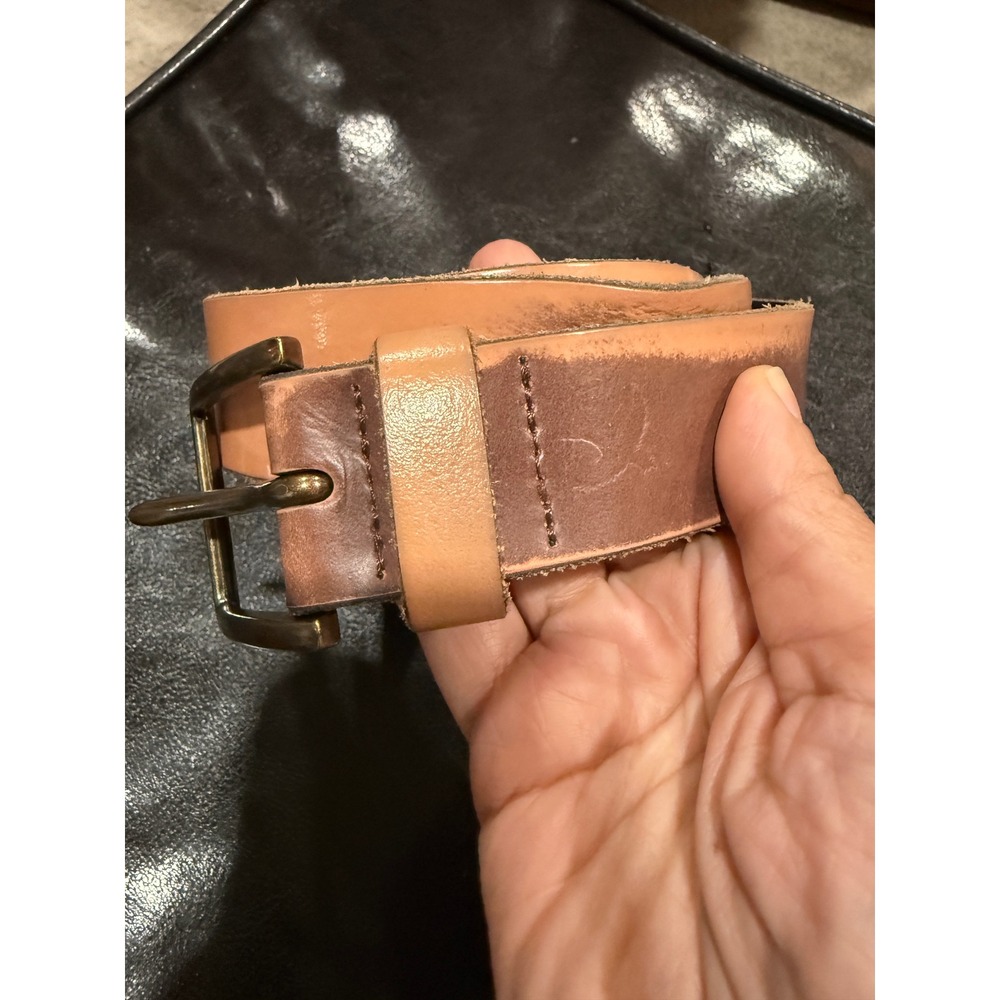 Eddie Bauer Mens Genuine Leather Belt Tan Brown Size 34 Distressed Brass Buckle
